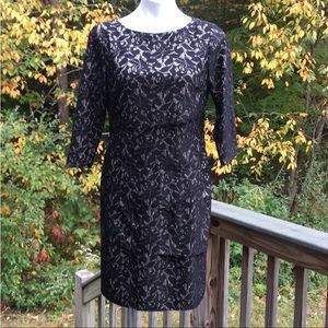 Tahari waved staggered layers black lace over nude dress size 8